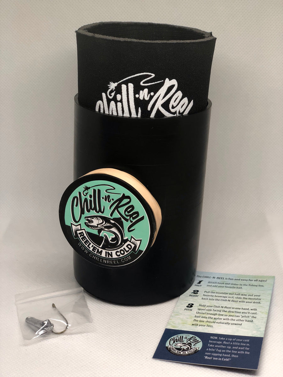 Chill-N-Reel Fishing Can Cooler with Hand Line Reel | Koozie Drink Holder 