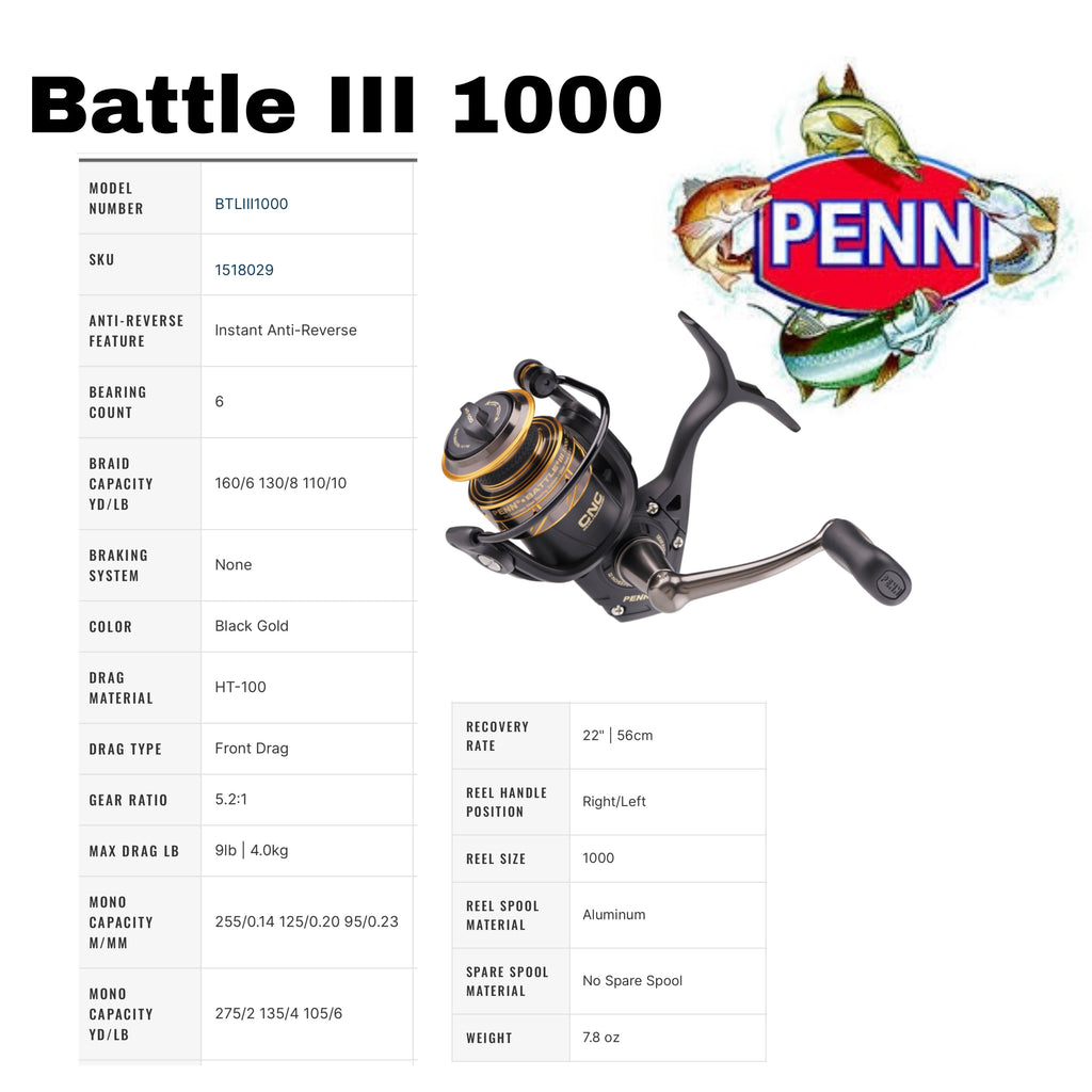 PENN Battle III Spinning Inshore Fishing Reel, Size 2000 (1518030)