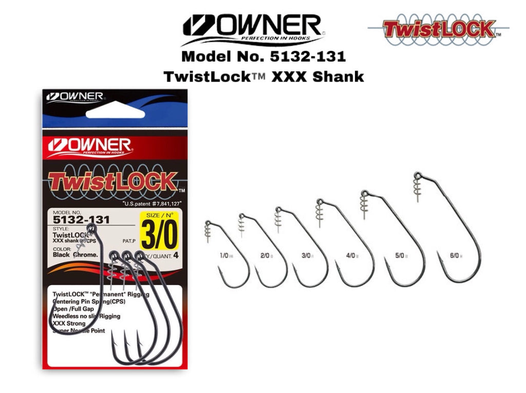 Owner TwistLock Bass Hook (Size 3/0) 4-Pack – Weedless Soft Plastic Hook With Centering-Pin Spring