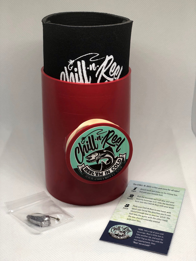 Chill-N-Reel Fishing Can Cooler with Hand Line Reel Attached | Hard Shell Drink Holder Fits Any Standard Insulator Sleeve or Coozie | Unique Fun
