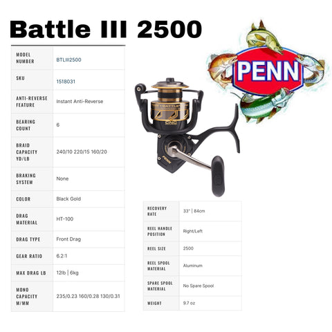 PENN Battle III Spinning Inshore Fishing Reel, Size 2500 (1518031) 