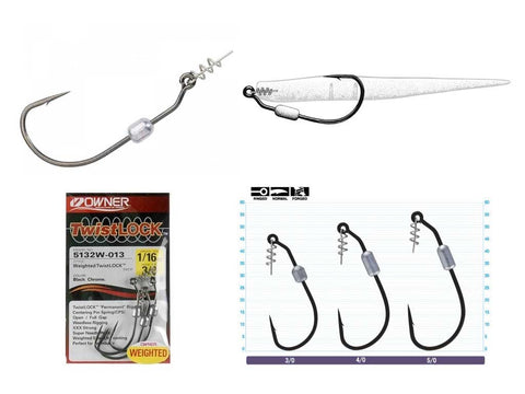 2x fish hooks with twist lock Swim Bait Hook 10/0 Hook & Lock, 2 Sizes Baits can be permanently secured by inserting the pin in the center of the nose of a soft plastic Owner Weighted Twistlock 4/0