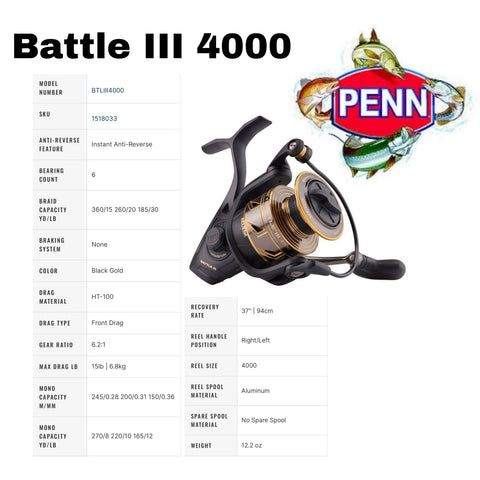 penn battle iii spinning reel stores BTLIII4000DX DX 4000 The Battle III Spinning Fishing Reel is perfect for any fishing expedition PENN Battle III Spinning Reel